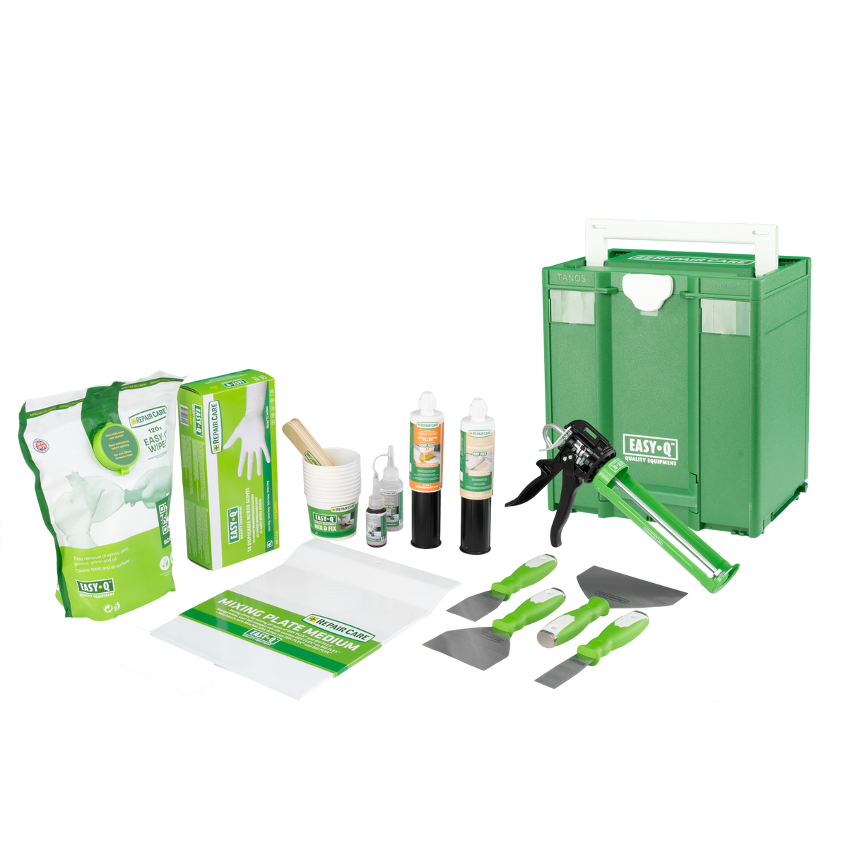 Repair Care Contractor Starter Pack contents: DRY FLEX fillers, DRY FIX UNI primer, EASY Q dosing gun, knives, mixing cups, gloves and wipes in a TANOS Systainer