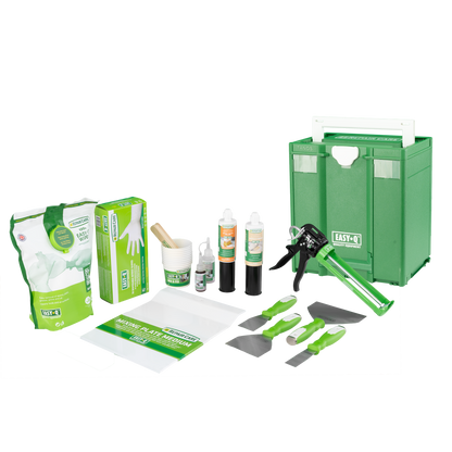 Repair Care Contractor Starter Pack contents: DRY FLEX fillers, DRY FIX UNI primer, EASY Q dosing gun, knives, mixing cups, gloves and wipes in a TANOS Systainer