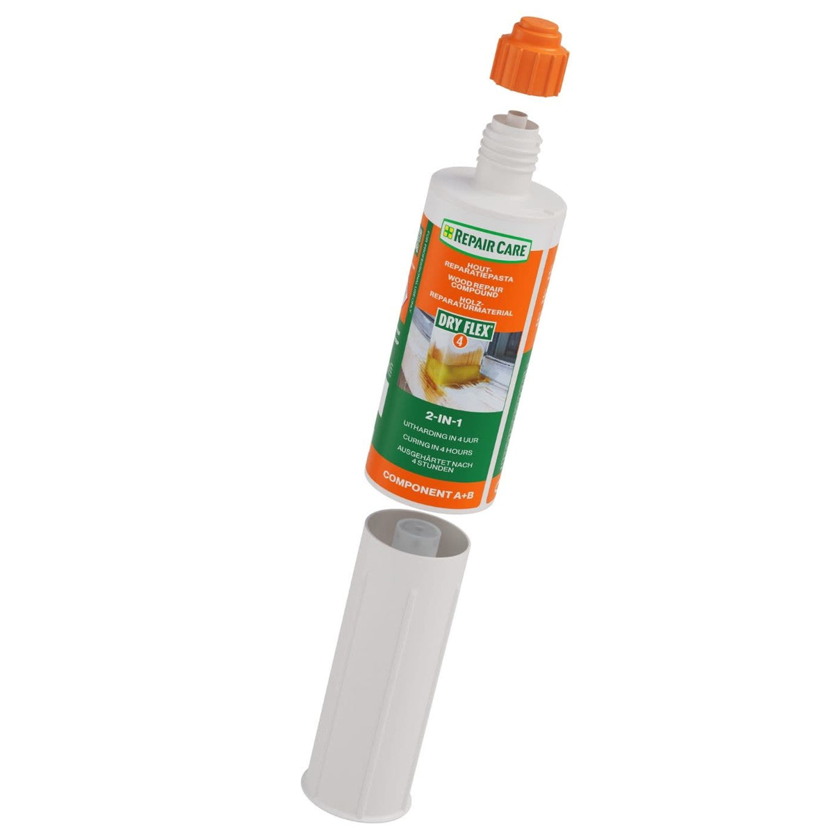 DRY FLEX 4 2-in-1 cartridge with the cap open and mixing sleeve