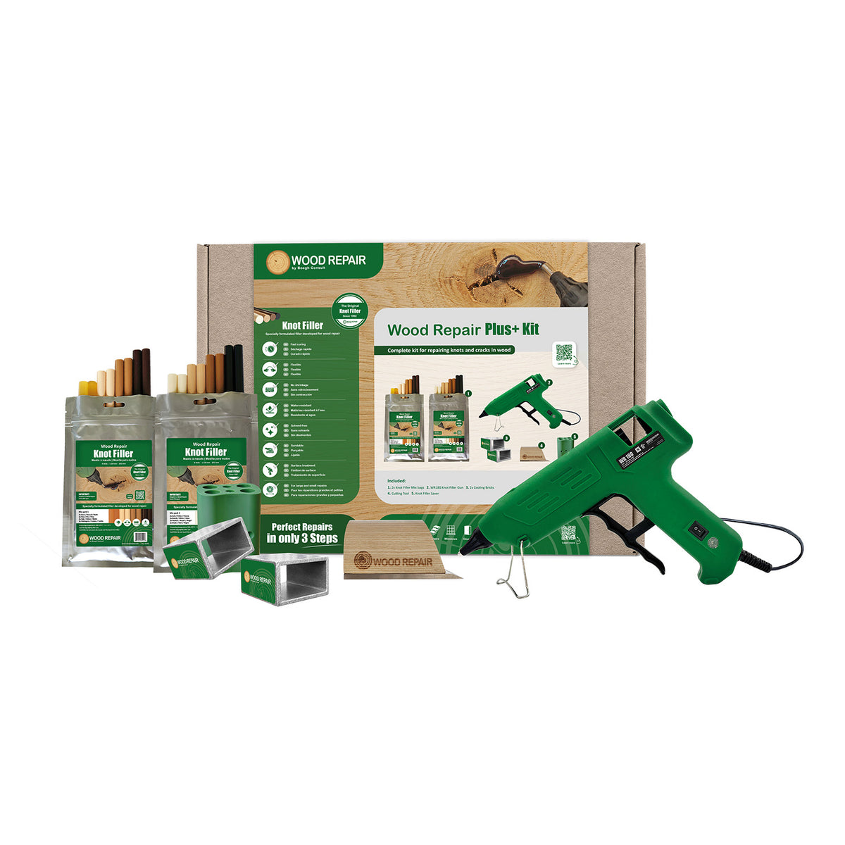 Wood Repair Plus+ Kit: WR 180 Knot Filler gun, 16 sticks in 8 wood tones, cooling bricks, cutting tool and saver