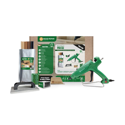 Wood Repair PRO Kit in its plastic case: the corded WR 360 Knot Filler gun, sticks, cooling iron, brick, cutting tool and saver